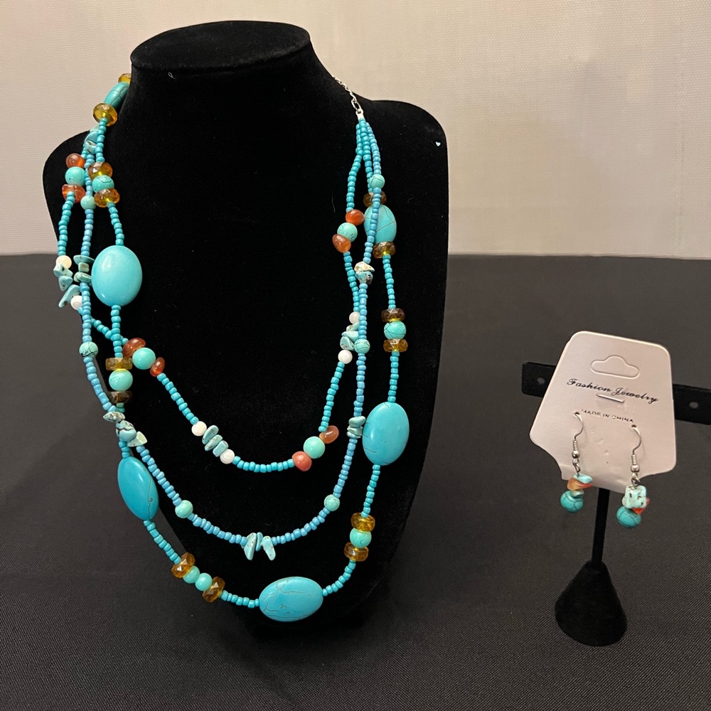 Boho Turquoise Statement Necklace & Earrings Set NWT